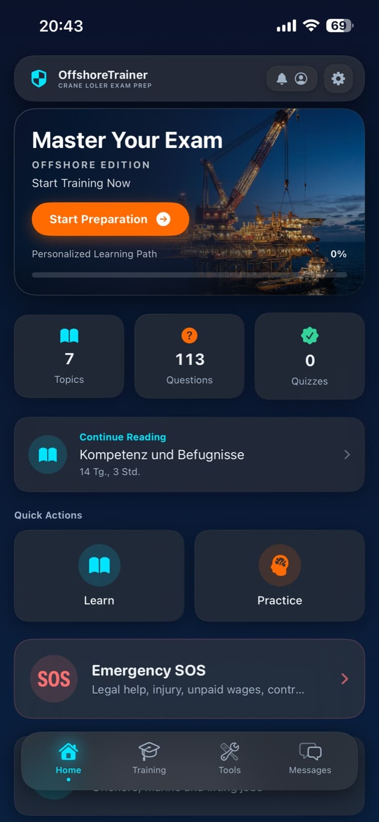 OffshoreTrainer home dashboard mobile app screen