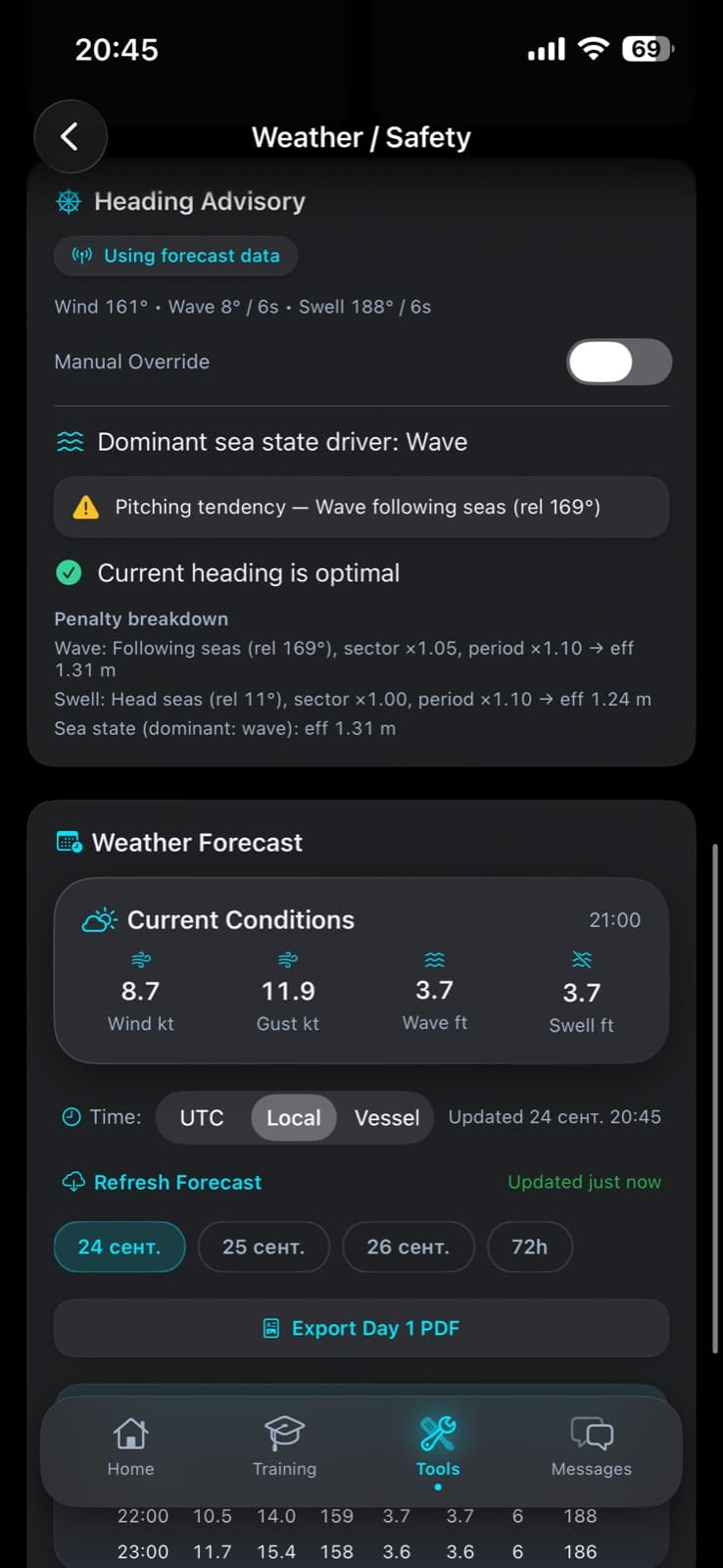 OffshoreTrainer heading advisory and weather forecast screen